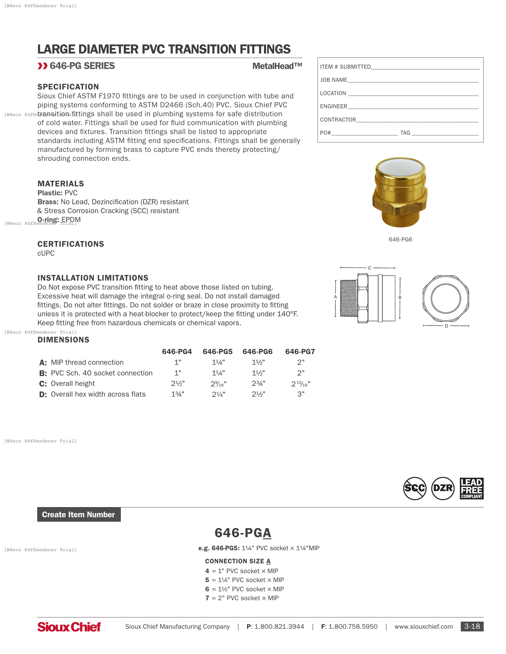 646-PG SERIES - PVC BRASS TRANSITION FITTING - SPEC SHEET.PDF Specification Document